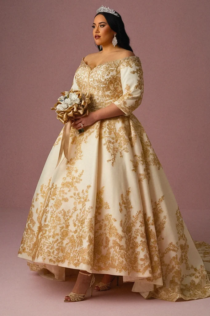 Baroque-Inspired Gold Embroidered Cathedral Train Wedding Dress