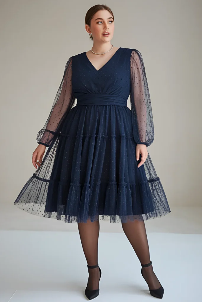 Plus Size Winter Navy Cocktail Party Tulle Midi Dress