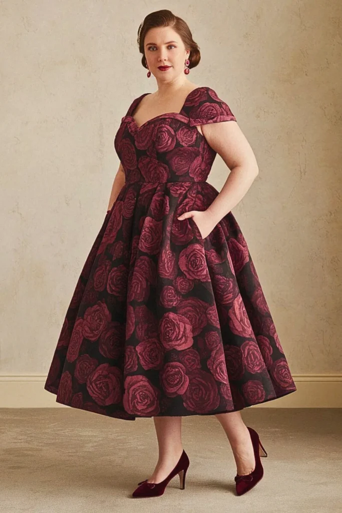 Vintage-Inspired Rose Print Tea Length Plus Size Floral Wedding Guest Dress