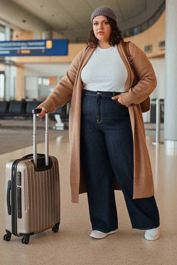 Plus Size Fall Cardigan Coat and Straight-Leg Jean Travel Outfit