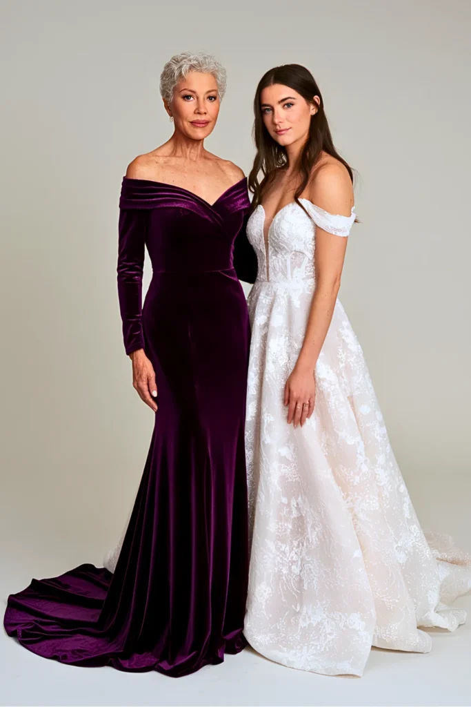Elegant Off-the-Shoulder Purple Velvet Mother of the Bride Dress