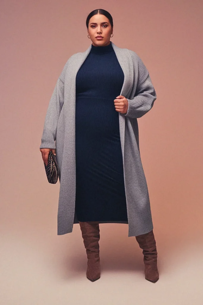 Plus Size Cardigan Coat and Midi Dress Fall Outfit