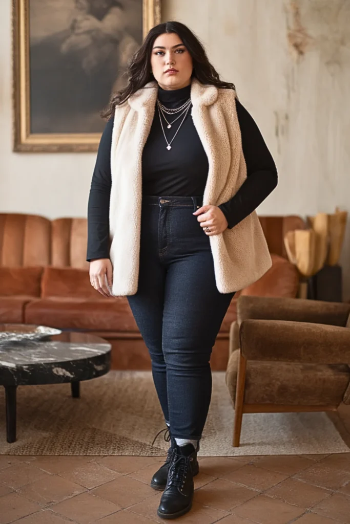 Plus Size Faux Fur Vest with Denim and Combat Boots Winter Outfit