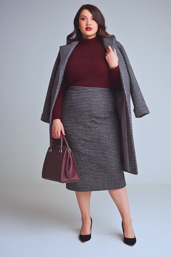 Plus Size Autumn Gray Houndstooth Wool Skirt Outfit