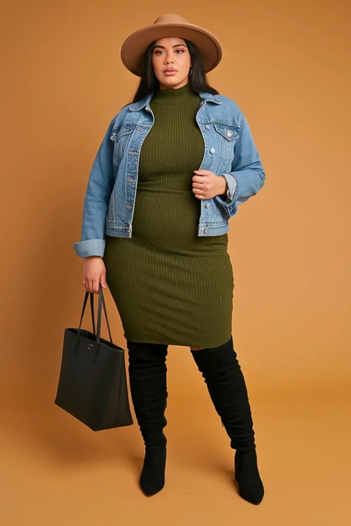 Plus Size Casual Midi Sweater Dress and Denim Jacket Autumn Outfit