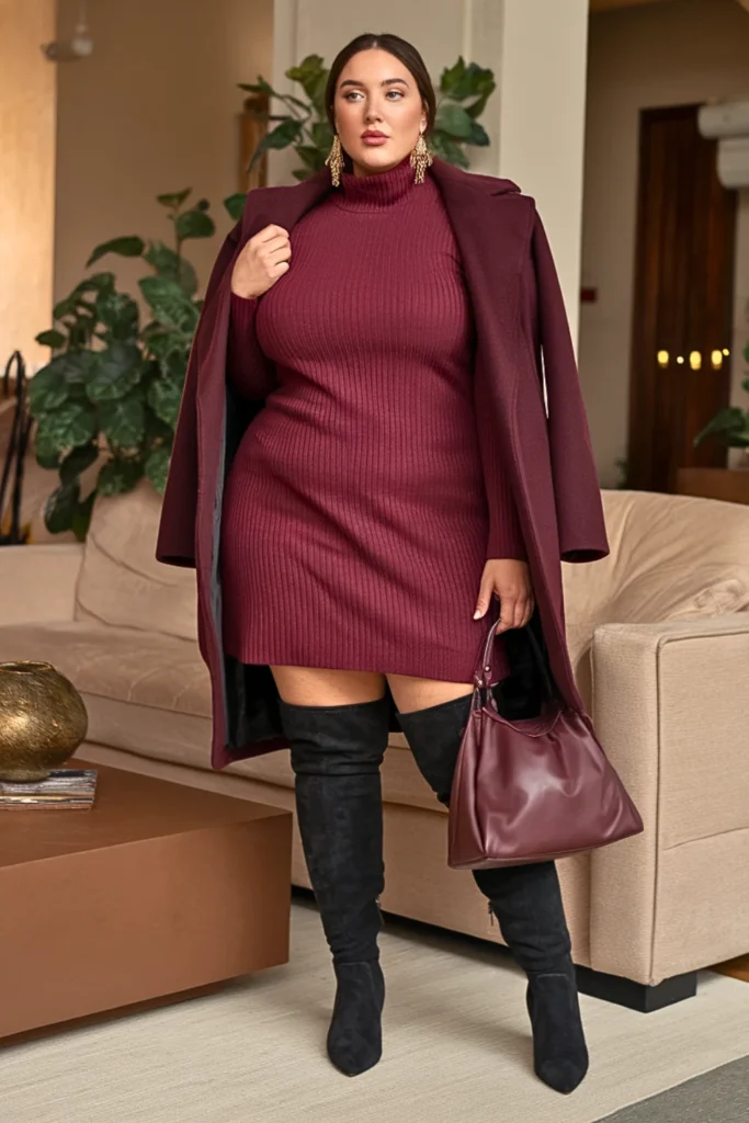 Plus Size Burgundy Turtleneck Sweater Dress with Thigh-High Boots Winter Outfit