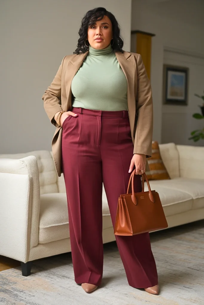 Plus Size Soft Sage Green Turtleneck Autumn Outfit