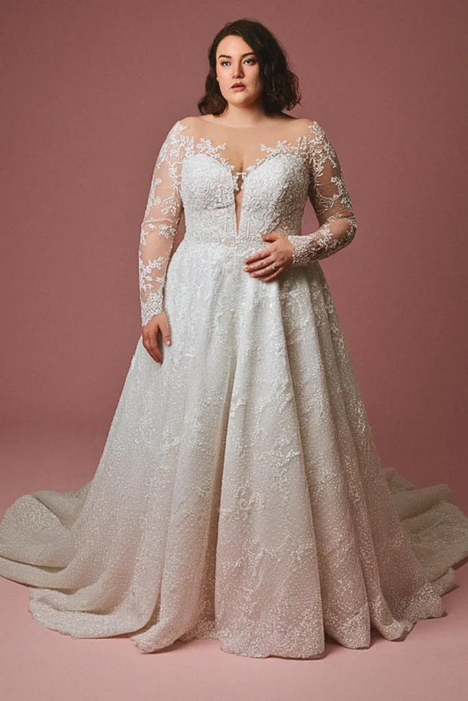 Plus Size A-Line Illusion Neckline Long Sleeve Wedding Dress
