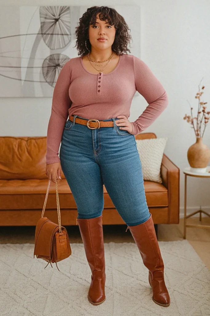 Plus Size Henley Top with Bootcut Jeans Fall Outfit