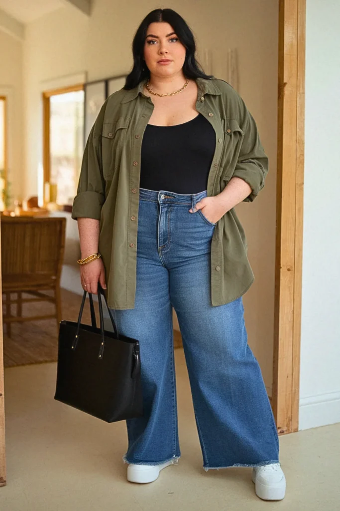 Plus Size Fall Utility Shirt With Wide Leg Jeans Comfy Outfit