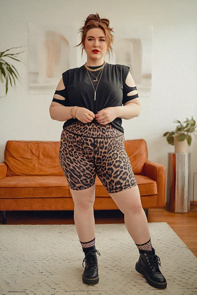 Plus Size Summer Leopard Print Shorts and Graphic Muscle Tee Outfit