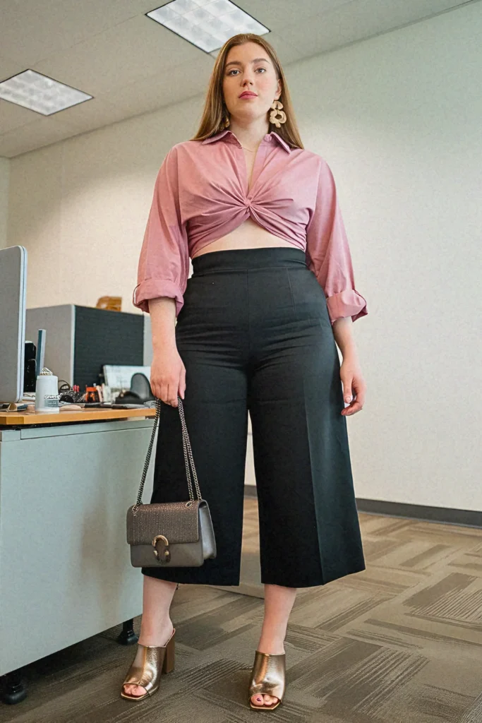 Plus Size Summer Twist-Front Cotton Poplin & Culottes Office Outfit
