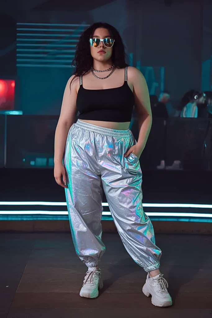 Plus Size Holographic Joggers and Crop Tank Summer Club Outfit