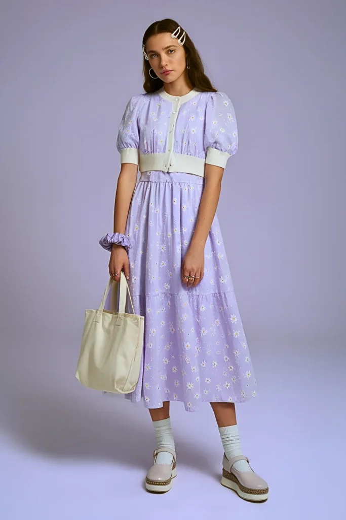 Spring Lavender Layered Midi Dress School Outfit