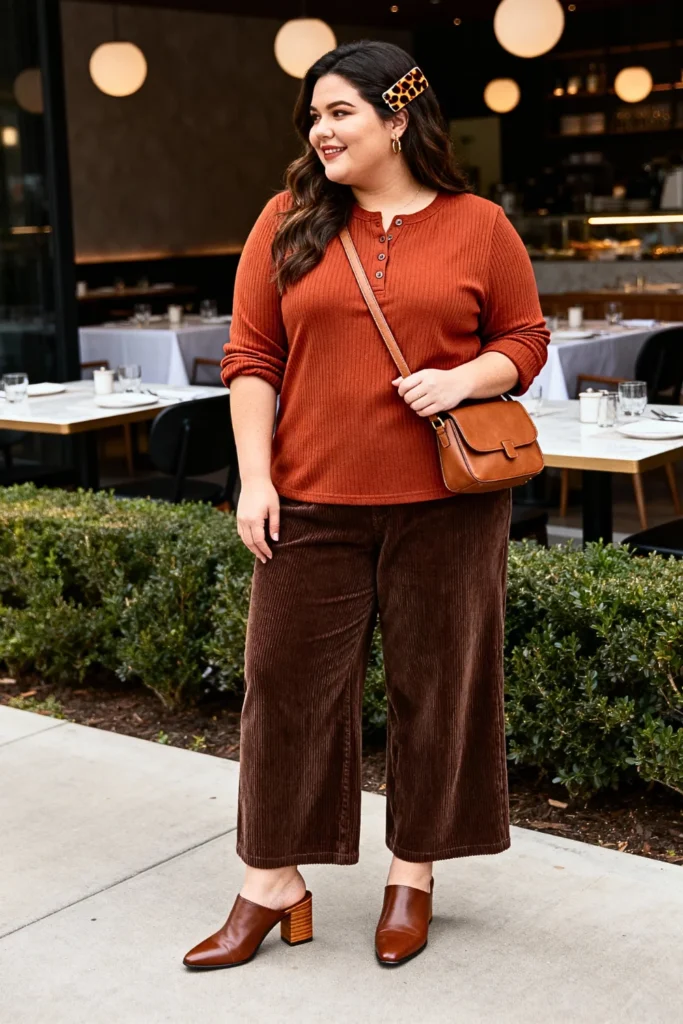 Plus Size Rust Henley and Corduroy Pants Outfit