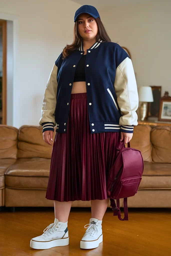 Plus Size Varsity Jacket Pleated Skirt Fall Winter Outfit