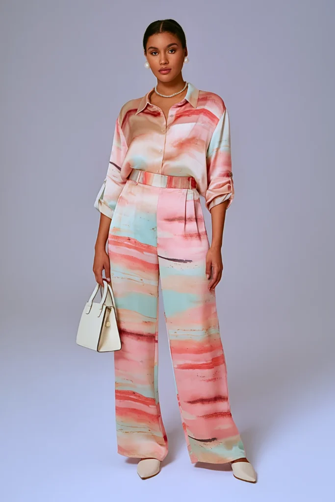 Spring Watercolor Silk Matching Set Work Outfit