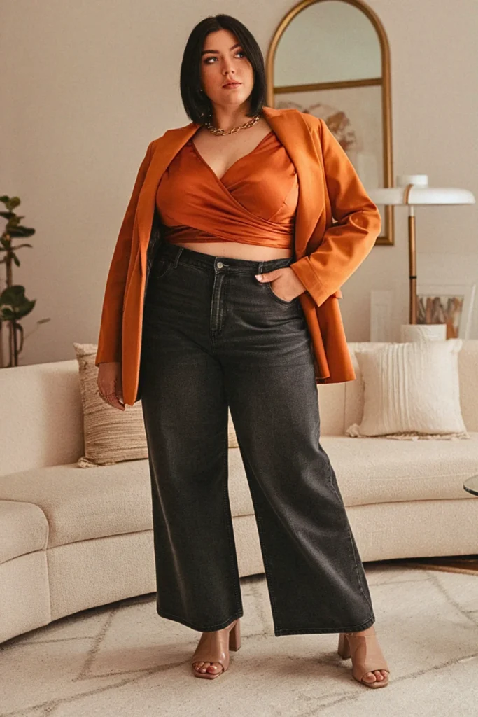 Plus Size Wrap Top and Wide-Leg Jean Fall Outfit