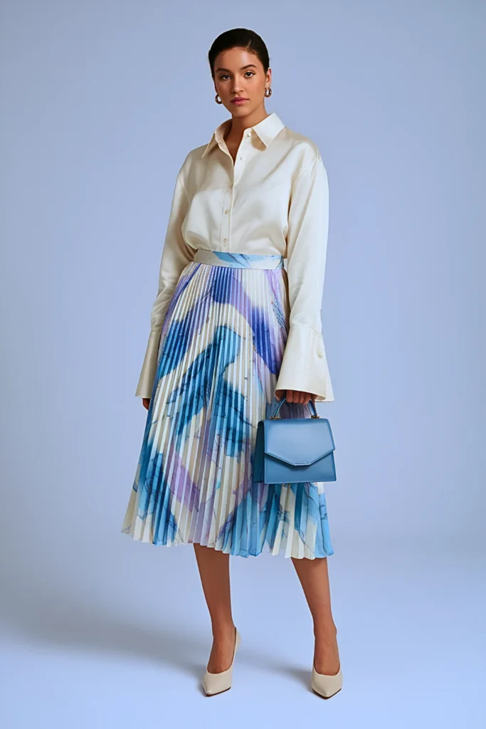 Spring Scarf-Print Midi Skirt Ensemble Work Outfit