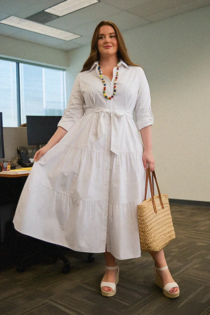 Plus Size Summer Tiered Cotton Poplin Shirt Dress Office Outfit
