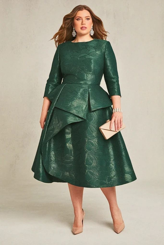 Emerald Jacquard Peplum Plus Size Wedding Guest Cocktail Dress