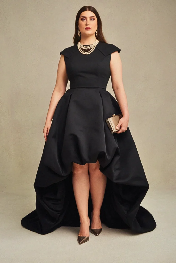 High-Low Bubble Hem Black Cocktail Wedding Guest Dress