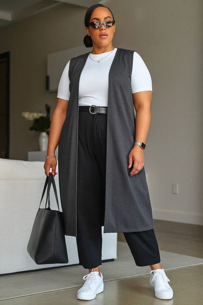 Plus Size Charcoal Longline Vest Minimalist Chic Fall Outfit