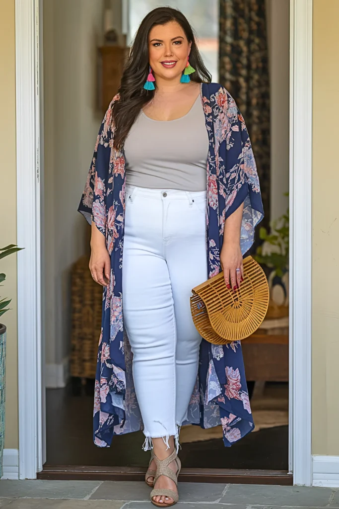 Plus Size Floral Kimono and White Jeans Spring Mom Outfit