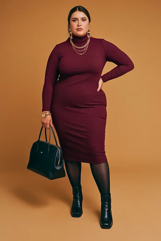 Plus Size Turtleneck Dress and Ankle Boots Chic Autumn Outfit