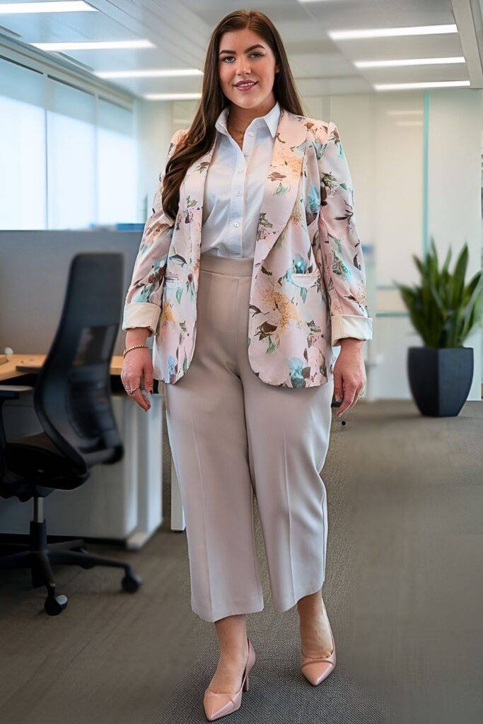 Plus Size Floral Blazer and Cropped Pants Spring Business Casual Outfit