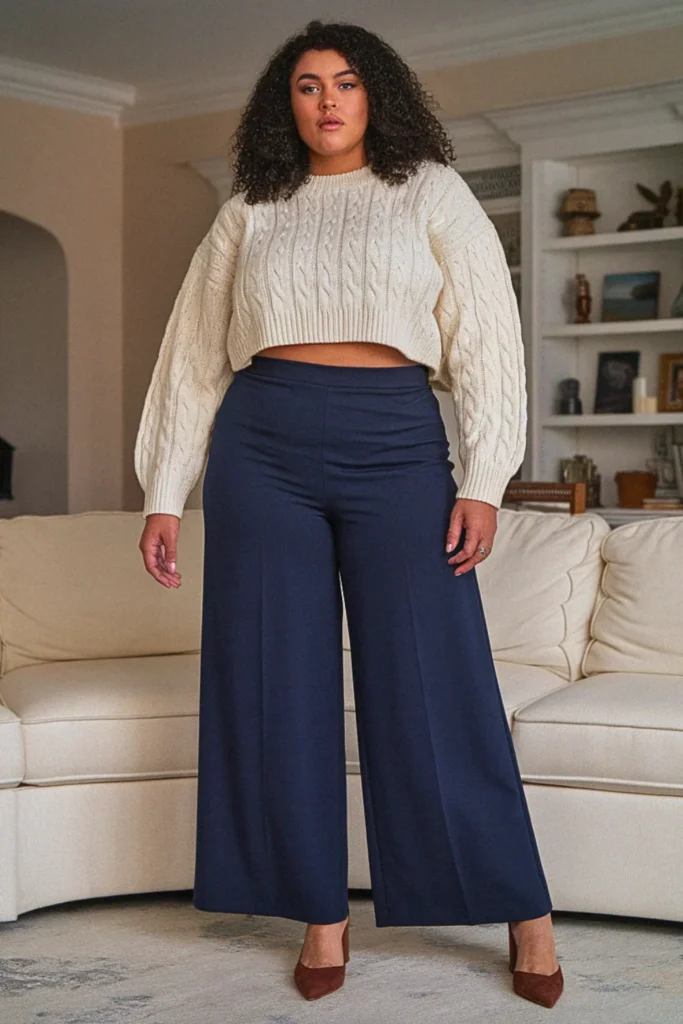 Plus Size Cropped Sweater and High-Waisted Pants Fall Outfit