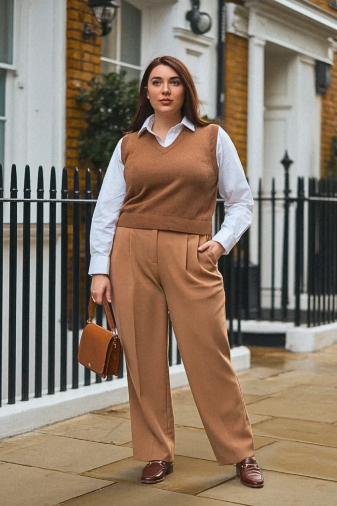 Plus Size Sweater Vest And Trousers Fall Outfit