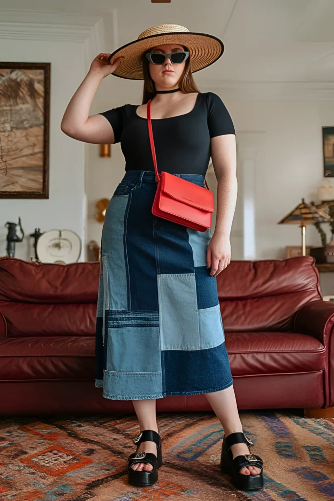 Plus Size Patchwork Denim Summer Skirt Outfit