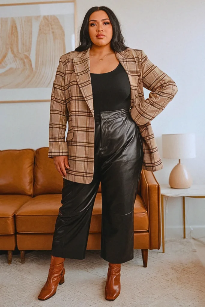 Plus Size Plaid Blazer and Leather Pants Fall Outfit