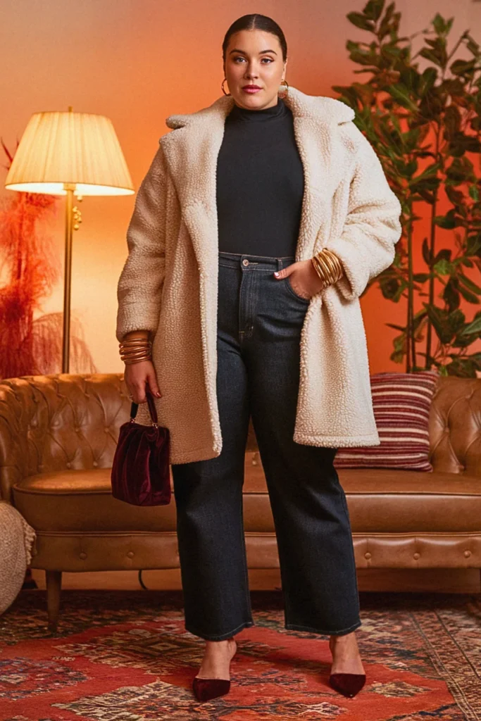 Plus Size Teddy Coat and Straight-Leg Jeans Fall Outfit