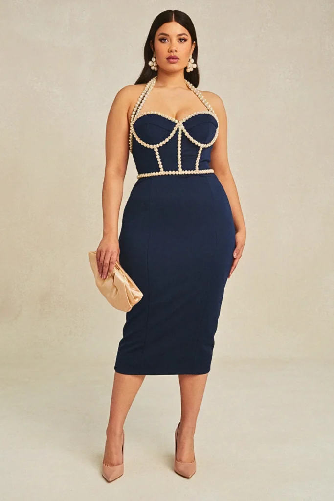 Plus Size Navy Blue Pearl-Embellished Halter Wedding Guest Dress
