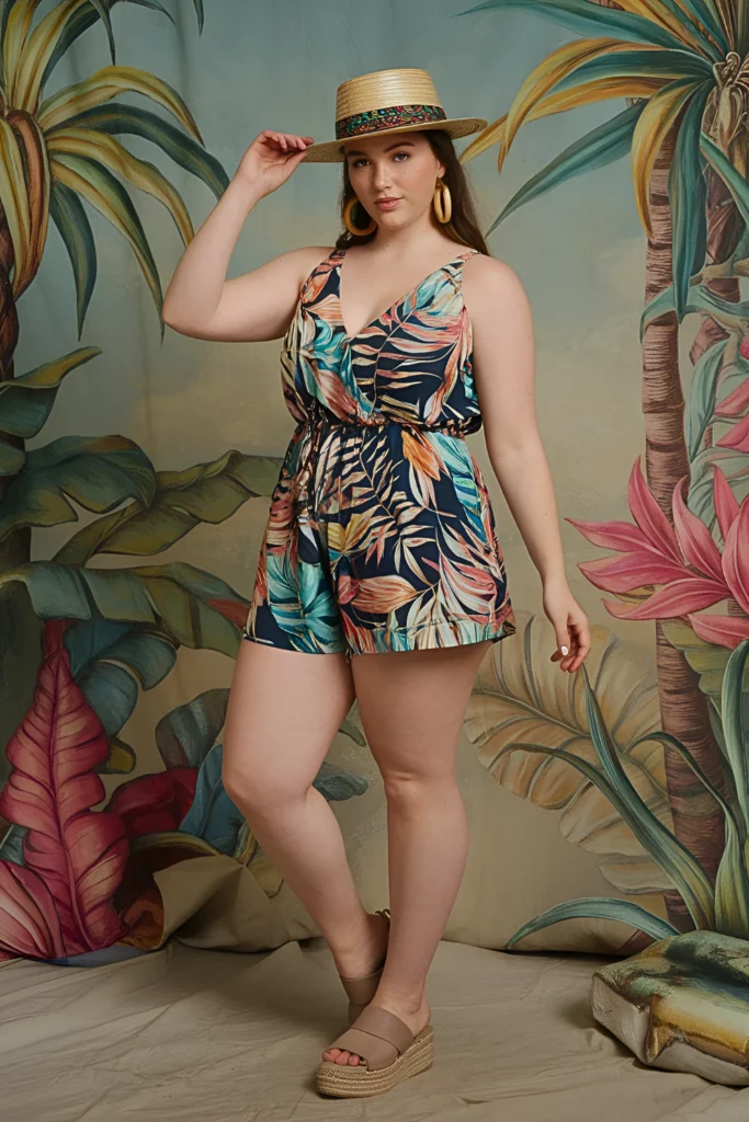 Plus Size Tropical Print Romper Summer Outfit