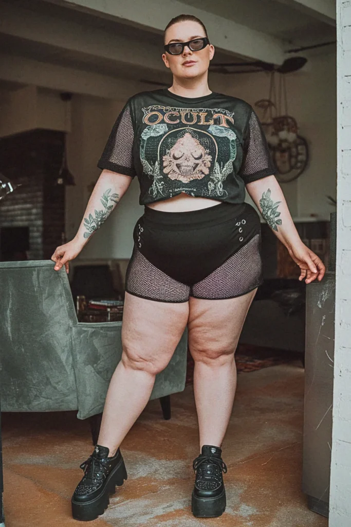 Plus Size Edgy Mesh-Sleeve Graphic Summer Outfit