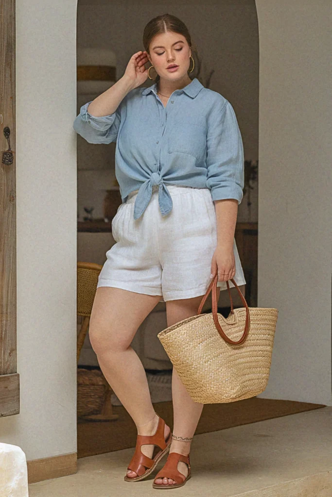 Plus Size Summer Chambray Button-Down and White Linen Shorts Outfit