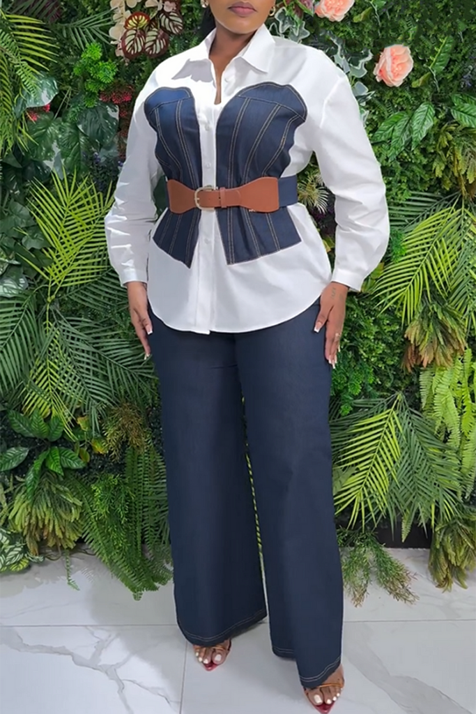 Plus Size Winter Business Casual Blue Shirt Collar Button Tencel Denim Two Piece Pant Set