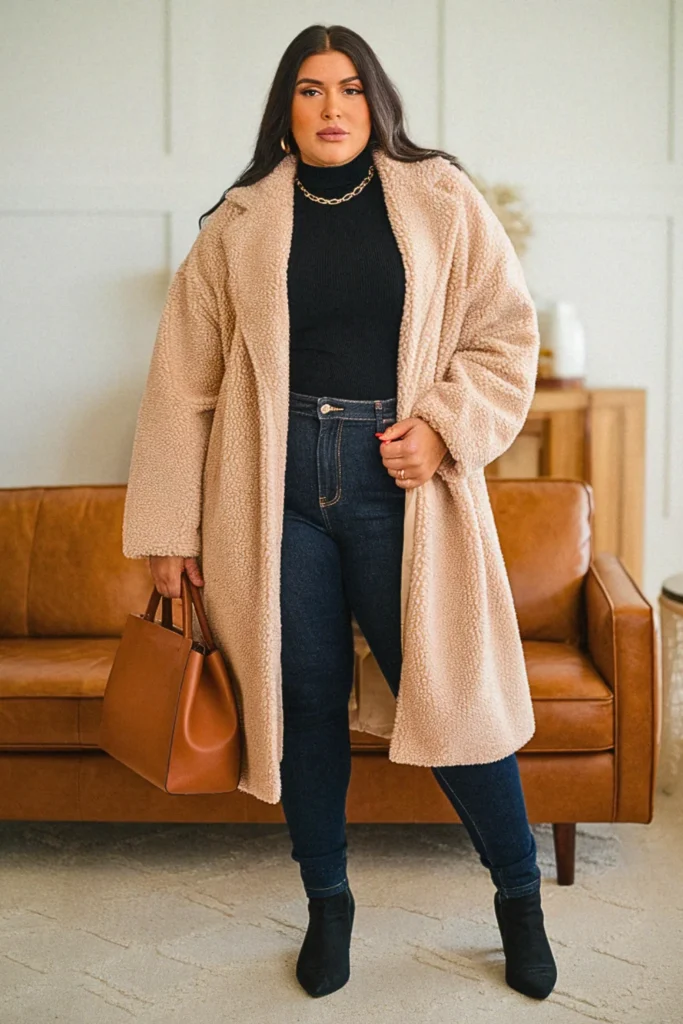 Plus Size Teddy Coat and Skinny Jean Fall Outfit