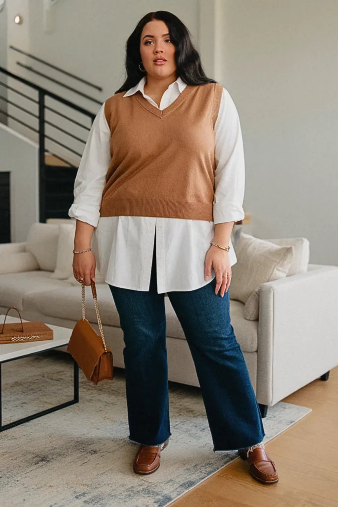 Plus Size Sweater Vest with Button-Up Shirt Fall Outfit