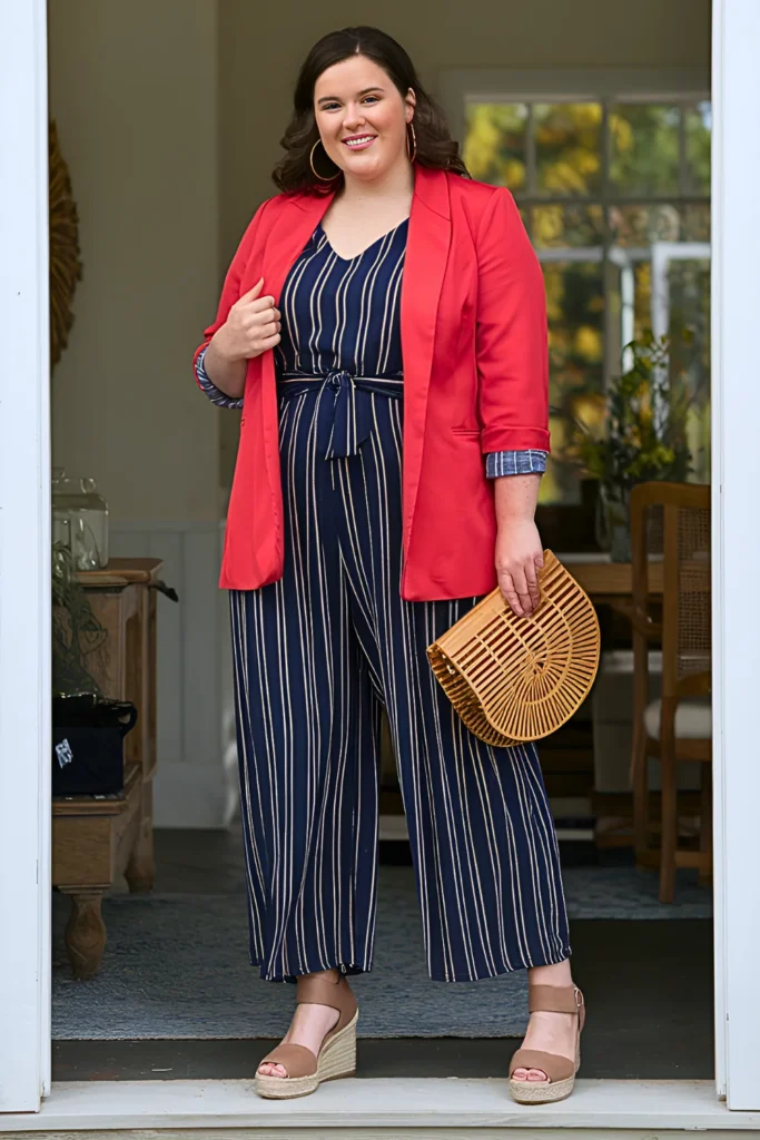 Plus Size Striped Jumpsuit and Red Blazer Spring Mom Outfit