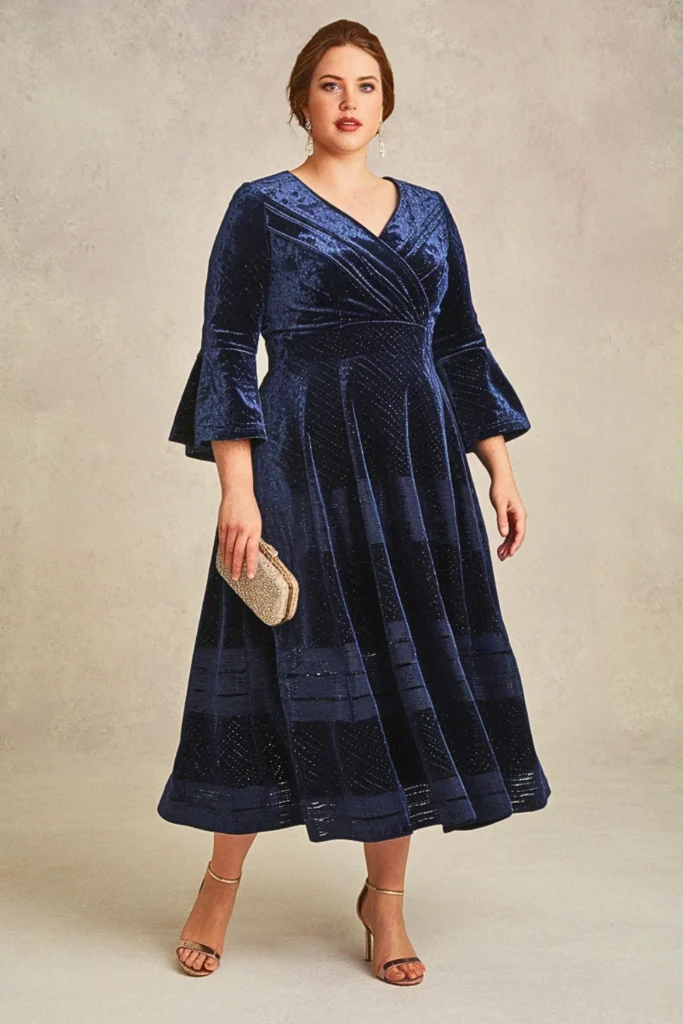 Bell Sleeve Burnout Velvet Plus Size Long Sleeve Wedding Guest Dress