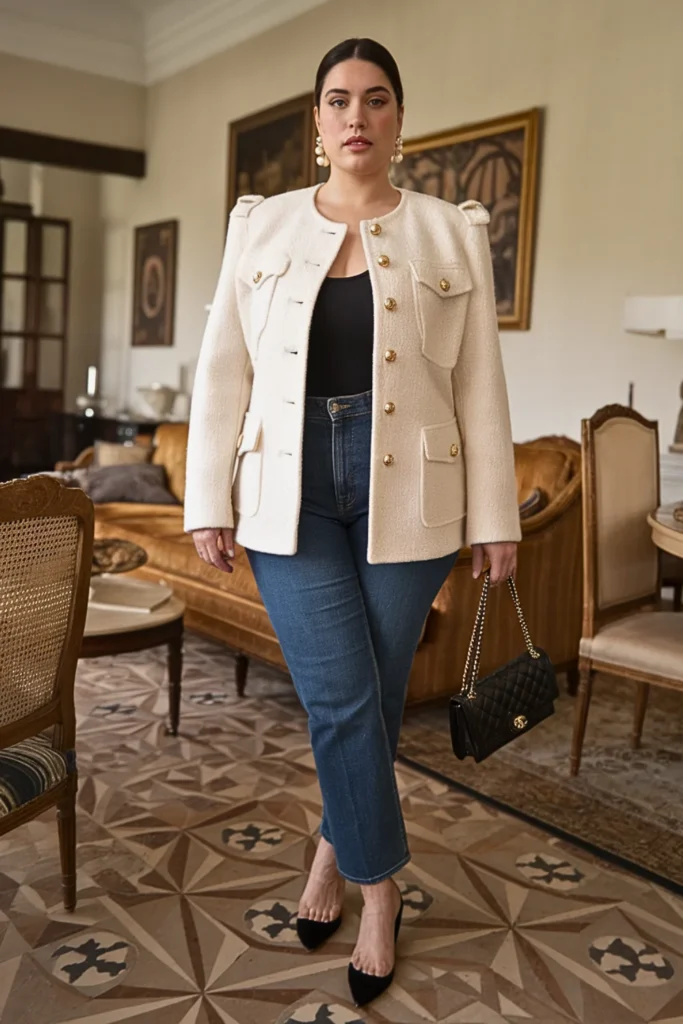 Plus Size Boucle Jacket with Straight-Leg Jeans and Pointed Flats Winter Outfit