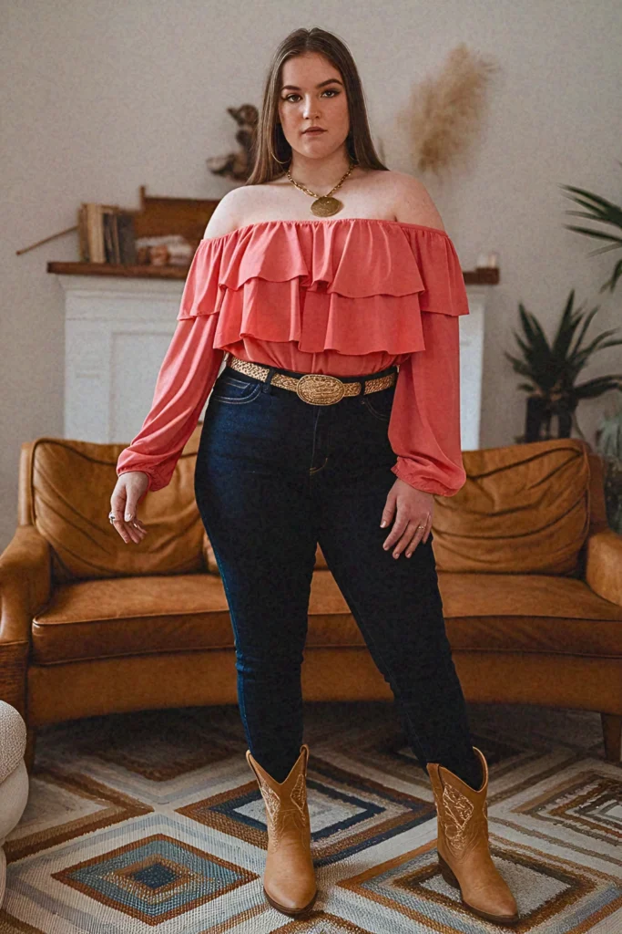 Plus Size Summer Ruffled Off-Shoulder Nashville Outfit