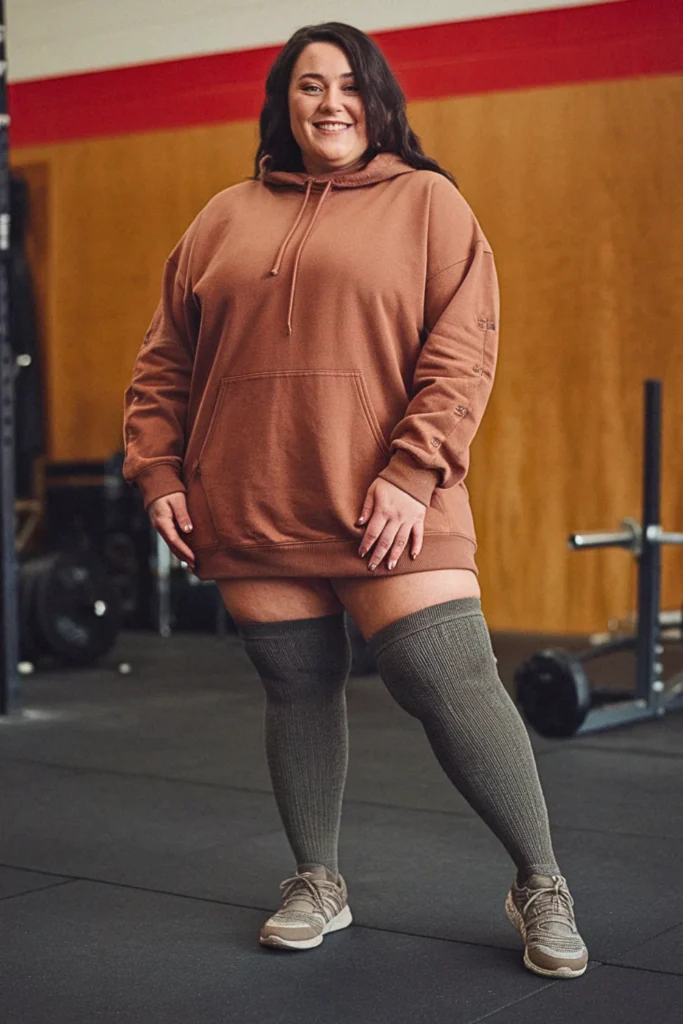 Plus Size Fall Hoodie Dress and Thigh-High Socks Athleisure Outfit