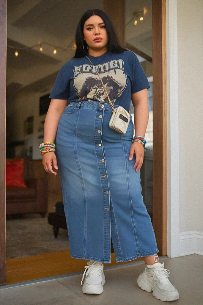 Plus Size Summer Denim Button-Front Long Skirt Outfit
