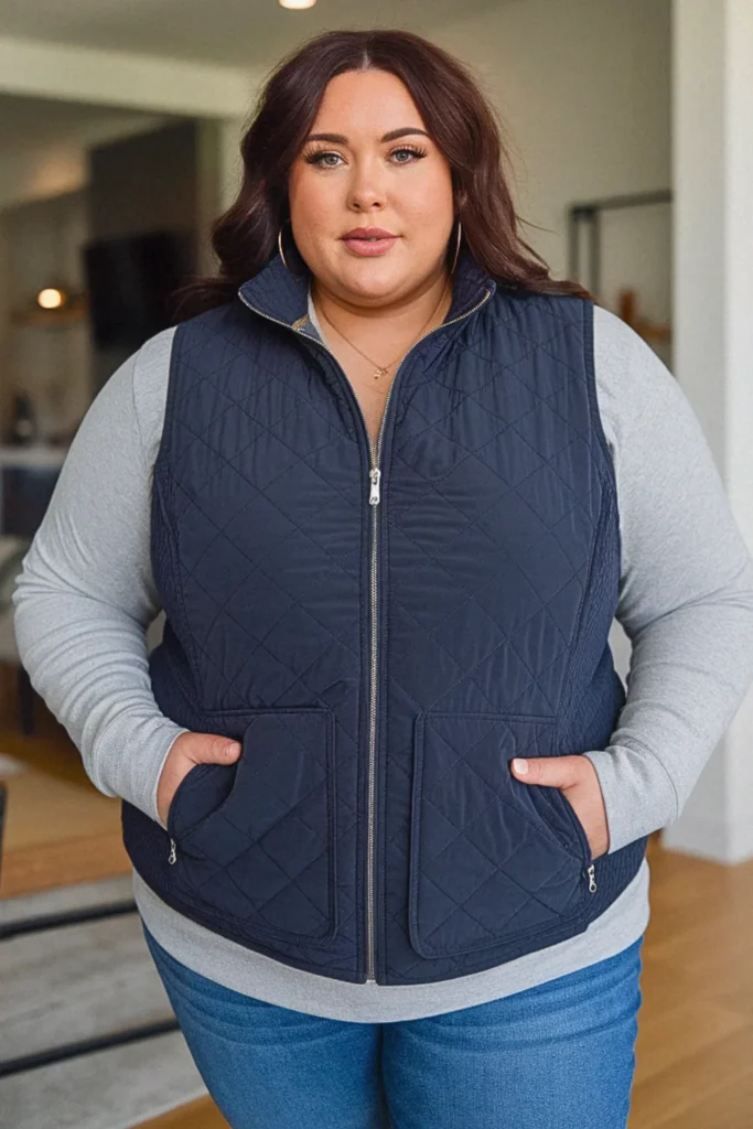 Plus Size Quilted Navy Puffer Vest Suburban Mom Fall Outfit