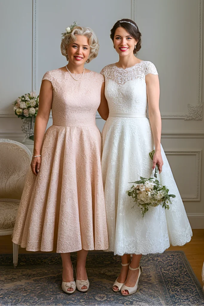 Vintage-Inspired Champagne Lace Tea-Length Mother of the Bride Dress